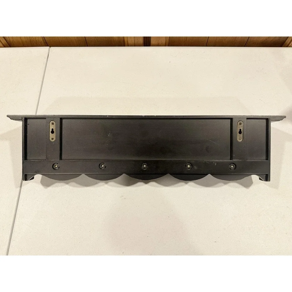 Wood Wall Shelf Black W/ Pegs (5) Plate Groove Distress Painted Finish 24
